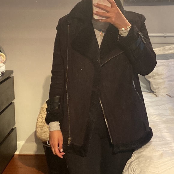 Boohoo black faux suede biker jacket size US 1 petite - Picture 5 of 8